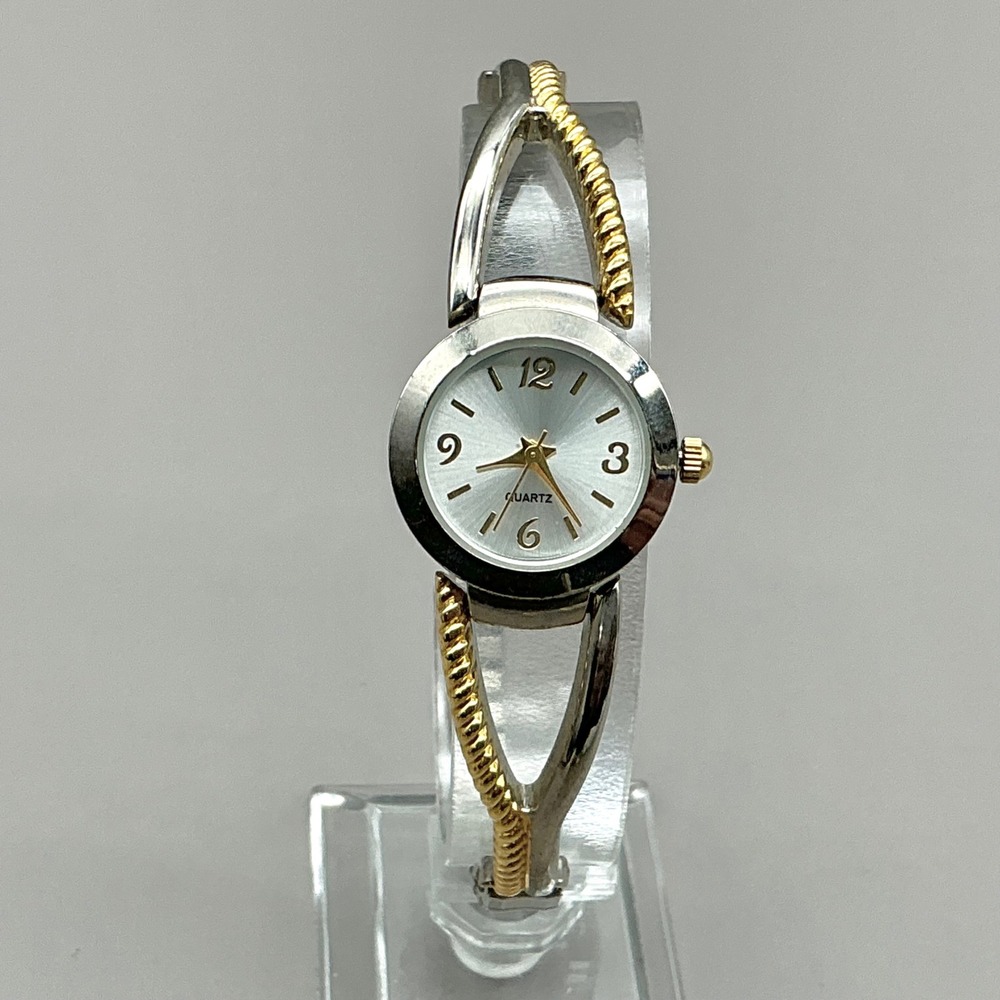Womens Watch Two Tone Silver Gold Twisted Cuff Expansion 6.25" NEW BATTERY